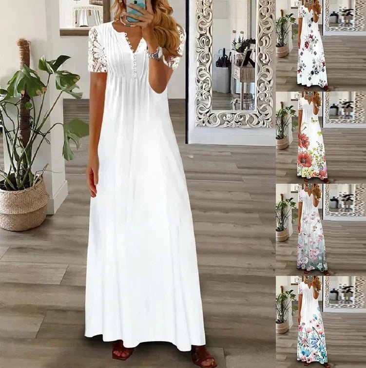 Frühjahr/Sommer Mode frauen Kurzarm Gedruckt Spitze Kleider Elegante frauen Weiß V-ausschnitt Slim Fit Party Lange vestidos.