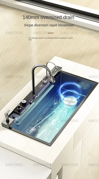 Heißer verkauf Edelstahl Wasserfall Küche Waschbecken Mit Messer Halter Digital Display Wasserhahn Set Geprägte Extra Große Einzigen Slot