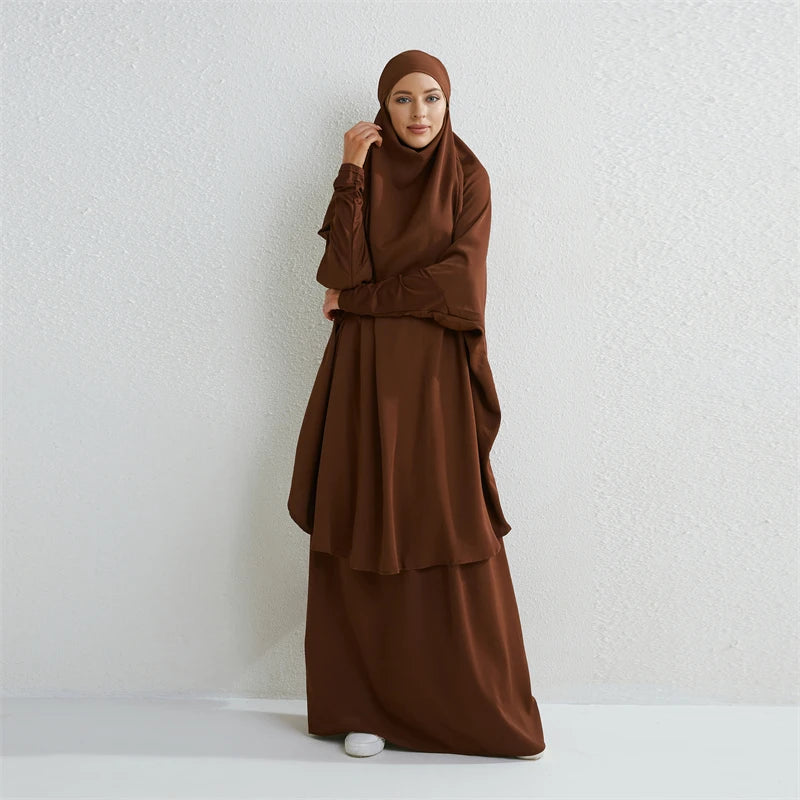 Muslim Sets Two Pieces Prayer Clothing Long Hooded Smocking Sleeve Shirts Hijab Loose Maxi Skirts Elastic Waist Women Abaya Sets.