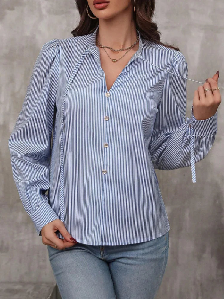 Women V-Neck Button Down Long Sleeve Top Solid Color Striped Shirt Office Lady Work Clothes.