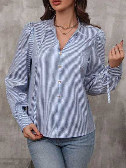 Women V-Neck Button Down Long Sleeve Top Solid Color Striped Shirt Office Lady Work Clothes.