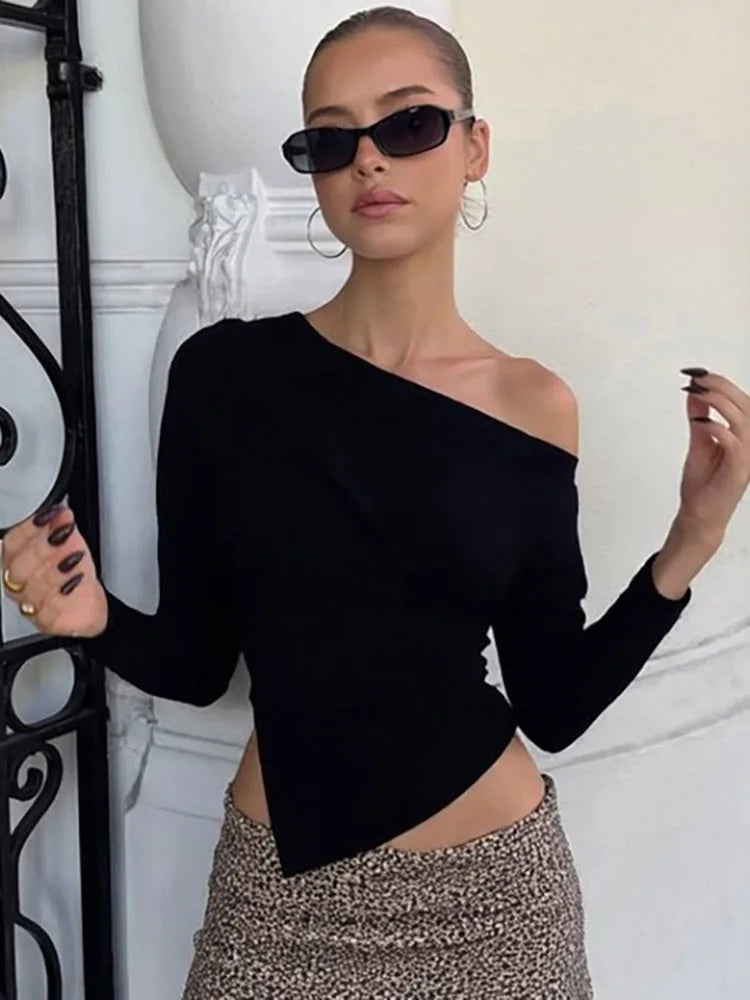 Women Casual Top Fashion Slim Slit Long Sleeve Pullover Top Sexy Strapless Pleated New Party Looks Top Female Streetwear