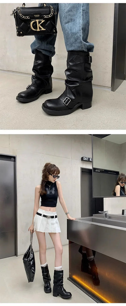 Pleated Buckle Knight Boots for Women Autumn Brown PU Leather Mid Calf Boots Woman Slip-On Thick Heel Riding Botas Mujer 2024