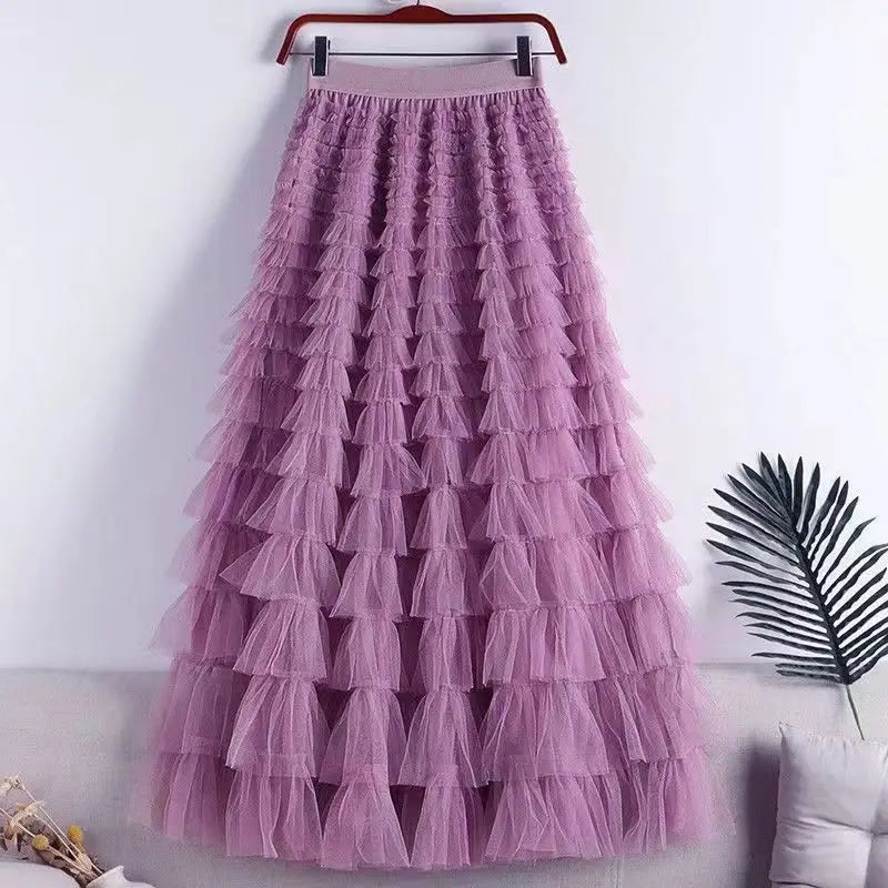 Chamliforve Women Tulle Mesh Skirt Elegant Elastic Waist Fairy Long A-line Tutu Skirt for Spring Summer Long Cake Skirt.