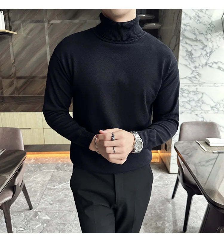 Korean Fashion Autumn Winter Sweaters Men Pullovers Fleece Turtleneck Knitted Sweatshirt Warm Bottoming Shirts.