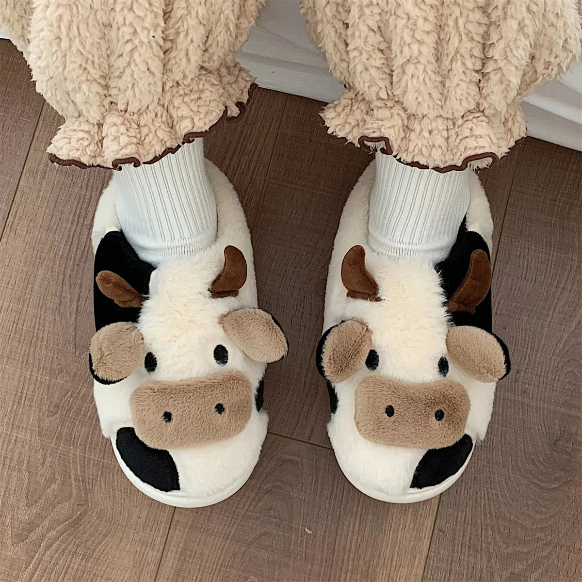Shevalues Plush Cartoon Milk Cow Slippers Winter Women Slippers Furry Non-Slips Women Cotton Slides Couples Soft Cozy Flat Shoes.
