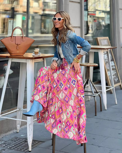 2025 Women's Skirt Elastic Waist Big Skirt Fashion Print High Street Vacation Beach Long Skirt for Female.