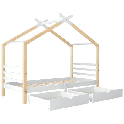 KOMHTOM Kinderbett Hausbett 90x200 cm, Massivholz Kiefernholz mit Schubladen und Lattenrost