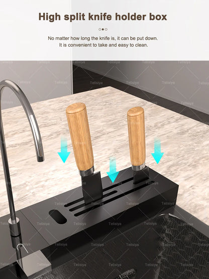 Küchenspüle aus Edelstahl mit Wasserfall, Einzelschüssel, Digitalanzeige, extra großer Schlitz, multifunktionale Waschbecken