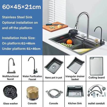 304 Stainless Steel  Multifunctional Kitchen Sink Faucet Set Rainfall Spout Pull Out Sprayer Pure Tap Cold Hot Water Mixer