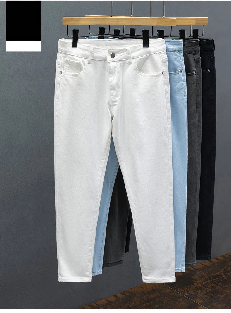 Men's Jeans Spring Summer Thin Slim Fit Elastic Cotton Soft Straight Denim Ankle Length Pants Korean Youth Fashion Trousers.