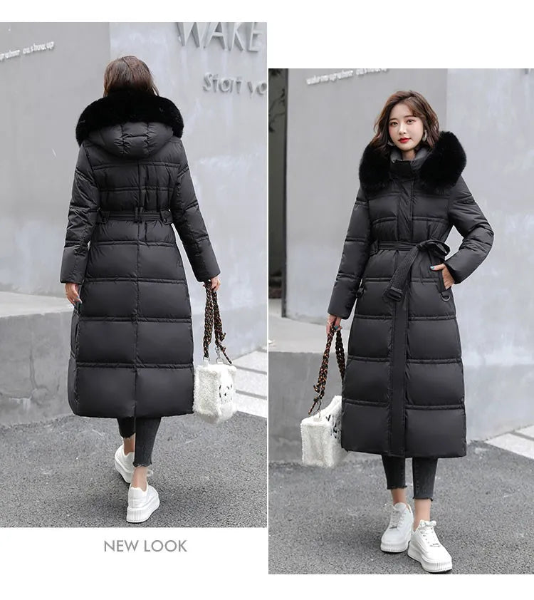 2024 neue Winter frauen Gepolsterte Jacken Mid-länge Modische Mit Kapuze Große Pelz Kragen Lose Dicke Unten Baumwolle Oberbekleidung damen.