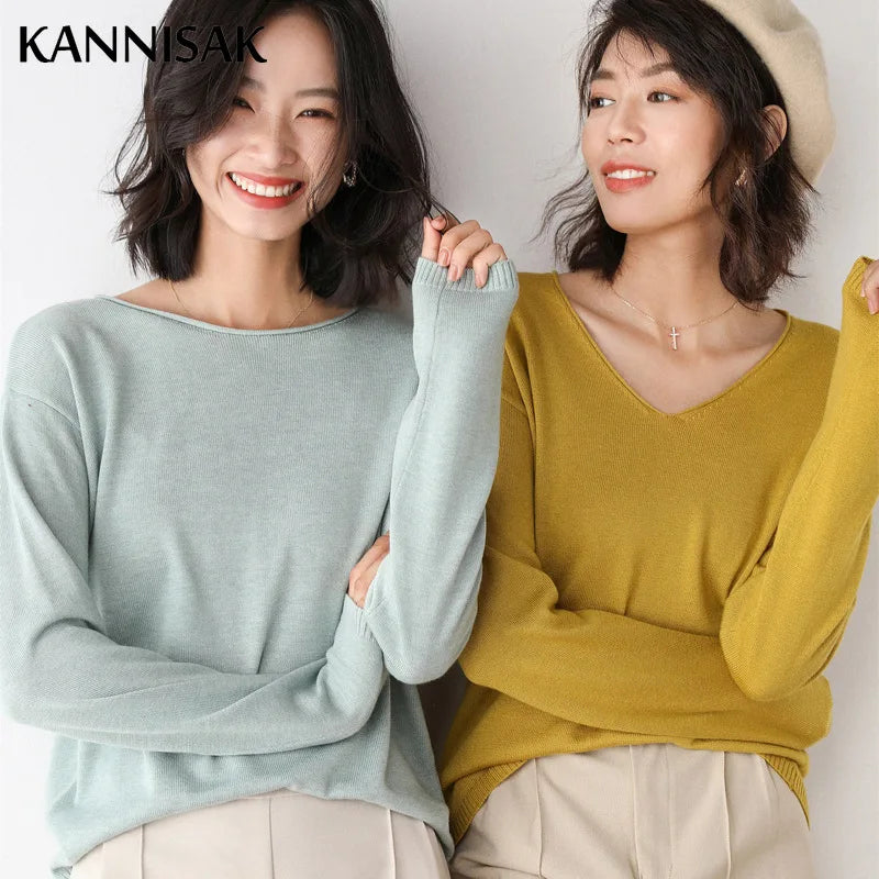 2025, frühling Herbst Frauen Pullover Solide Strickwaren Koreanische Lose Weibliche Grundlegende Casual Jumper Stretch Pullover Himmel Blau Rosa Pullover.