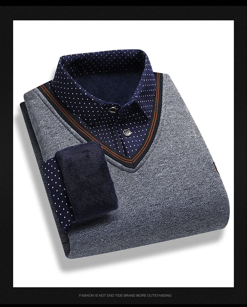 Men's Fleece Lining Sweater Autumn Winter Pullover Polo Shirt Collar Fake Two Piece Thick Warm Top Clothes Casual Knitwear.