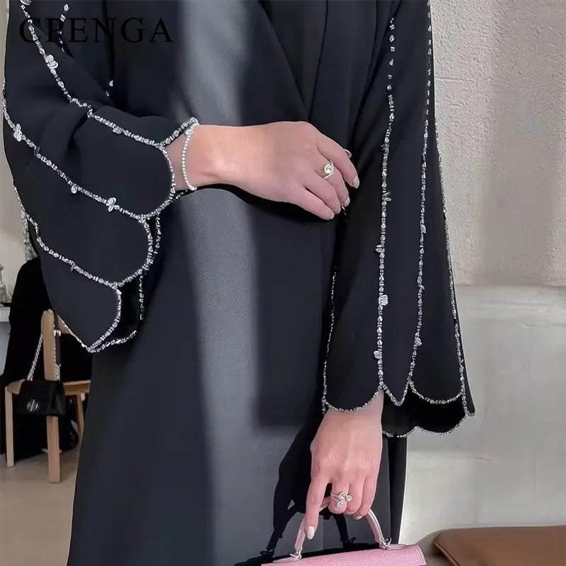 Middle Eastern Modest Dress with Pearl Sleeve for Muslim Women Ramadan Dubai Black Abaya Islam Party Jalabiya Outfit Turkey Robe.