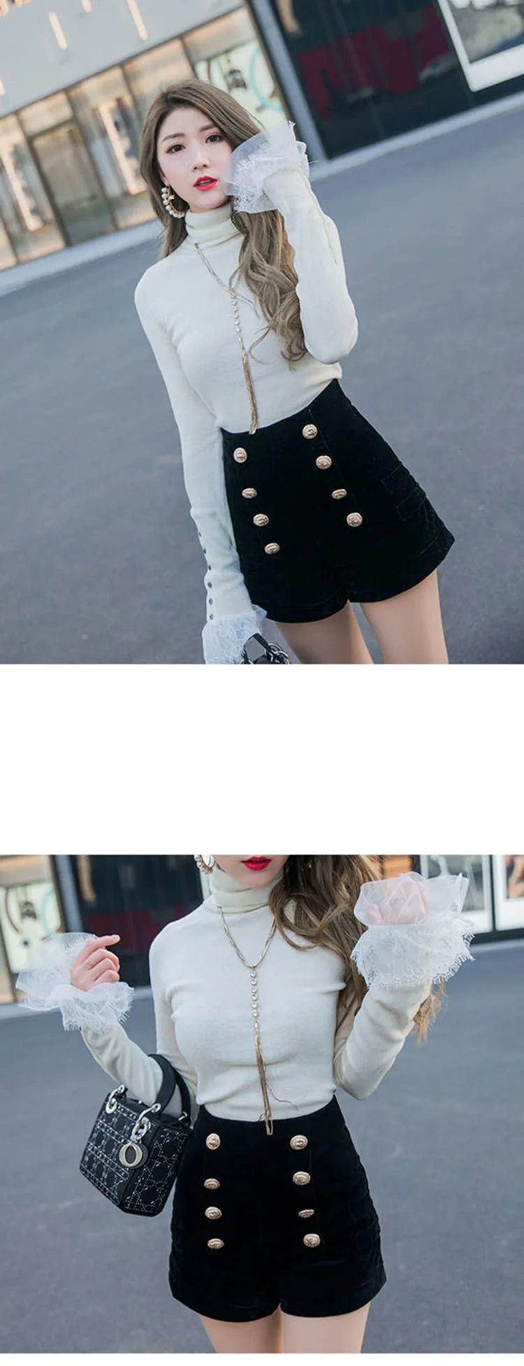 Autumn Winter High Waist Velvet Wide Leg Shorts Women Chic Double Breasted Short Pants Fashion Sexy Bottoms Casual Ropa Mujer.