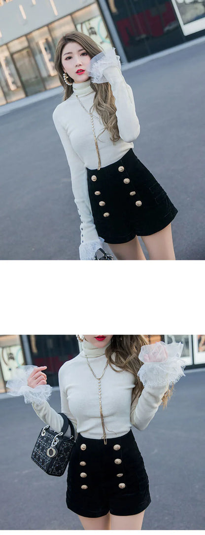 Autumn Winter High Waist Velvet Wide Leg Shorts Women Chic Double Breasted Short Pants Fashion Sexy Bottoms Casual Ropa Mujer.