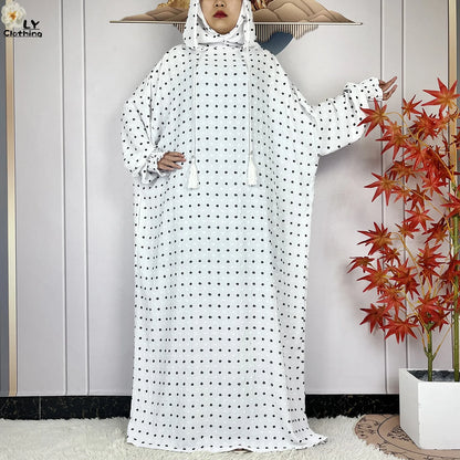2024New Pure Cotton Ramadan Muslim Two-Hat Abaya Dubai Turkey Islam Prayer Clothes Loose Robe Islamic Women Traditional Clothing.