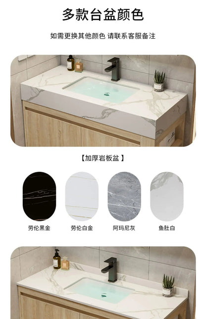 Leichter Luxus-Badezimmerschrank-Kombination, Badezimmer-Waschbecken, Gesichtswaschbecken, Toilettenholz, Waschbecken aus Keramik, integriertes Waschbecken im japanischen Stil