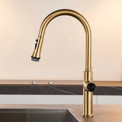 Luxury brushed gold kitchen faucet with pull-out design, 1-hole single handle cold and hot dual control dual function sink Tap