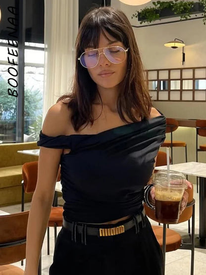 BOOFEENAA Asymmetrical One Shoulder Crop Tops Black Blue Sexy T Shirts for Woman Summer 2025 C95-BA13.