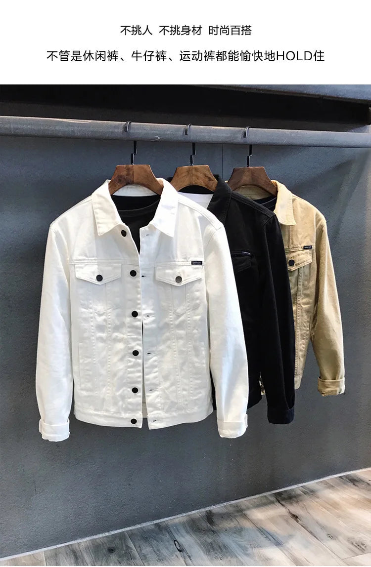Men's Denim Jacket Spring Autumn White Casual Slim Fit Korean Style Workwear Coat Streetwear Fashion Male Outerwear Jackets.