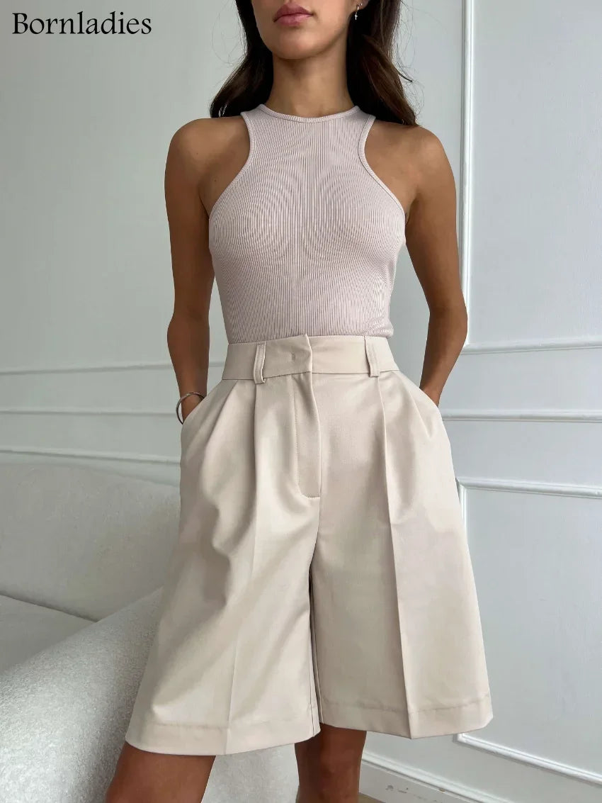 Bornladies Summer New High Waist Shorts for Women Casual Loose Wide Leg Solid Shorts Female Short Pants Y2k Booty Shorts.