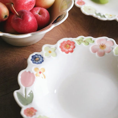 Floral Embossed Rim Soup Dessert Plate - Elegant Ceramic Appetizer Dish for Breakfast, Cafe Dining, Home Kitchen Tableware Set.