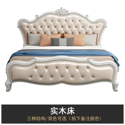 Europäisches Luxus-Doppelbett, modernes weißes King-Size-Doppelbett mit ästhetischem Rahmen, hochwertiges, schlafendes, beleuchtetes Deux-Tischmöbel für Schlafzimmer