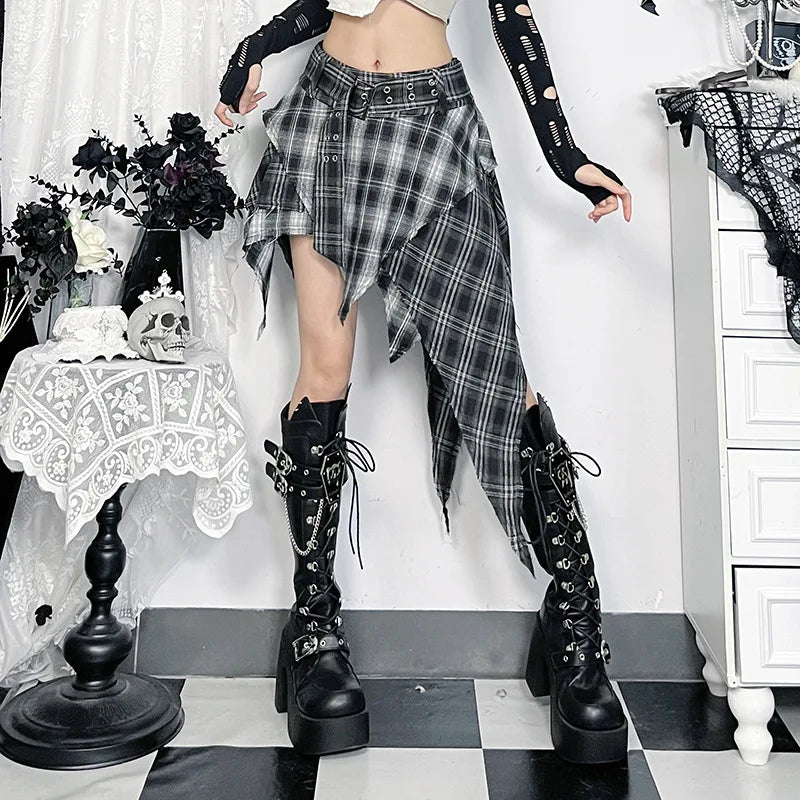 Goth Dark Punk Grunge Irregular Hem Short Skirts Women Streetwear Mall Gothic Plaid Pleated Mini Skirt Y2K Fashion Alt Bottoms.