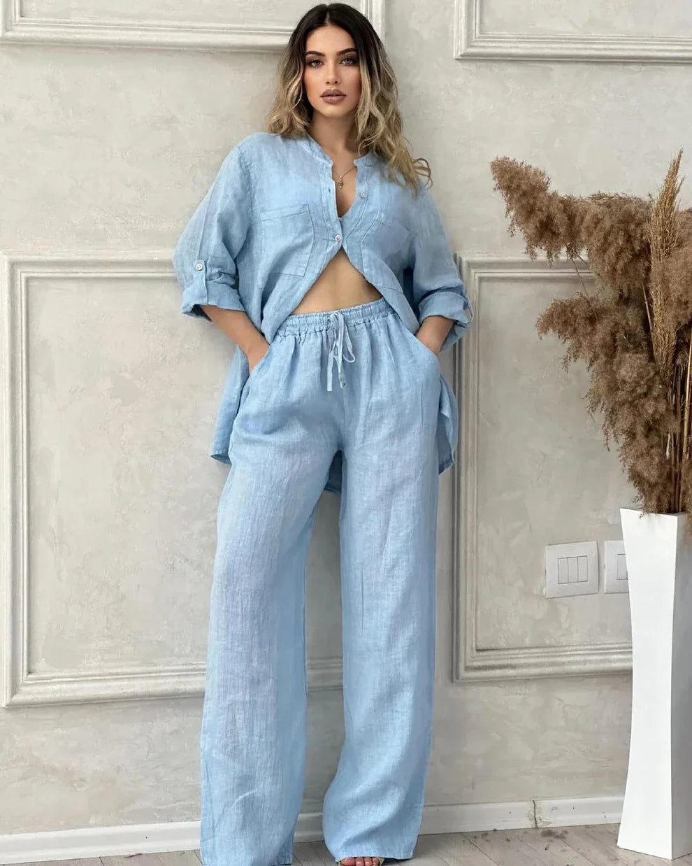 Spring Autumn Two Piece Sets 2024 Women Casual Long Sleeve Pocket Shirts 2 Piece Set Fashion Loose Wide Leg Pants Suit Outfites.
