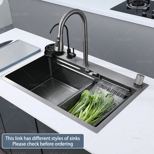 New Stainless Steel Kitchen Sink with Waterfall  Large Single Slot Various Multifunctional Sinks Dish and Vegetable Wash Basin