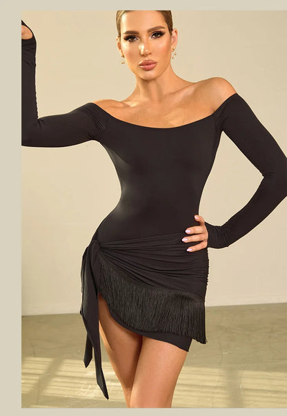 Off Shoulder Latin Dance Tops Fringe Skirt Women ZYM Latin Dance Clothes Competition Dress Club Rumba Samba Practice Wear V22221