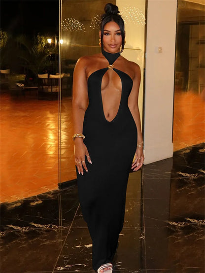 Seltsame Puss Sexy Frau Kleid Ärmellose Hohl Backless Metall Ringe Dünne Elastizität Einfache Party 2025, Sommer Trend Vestidos