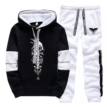 Fall Winter Daily Casual Sporty Jogger Sportswear Viking Raven Print Outfits 2025 New Fashion Men's Tracksuit Hoodies Sweatpants.