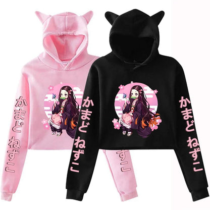 New Anime Kamado Nezuko Printing Cat Ear Hoodies Women Girls Fashion Streetwear Hoodies Sweatshirts Crop Top Pullover.