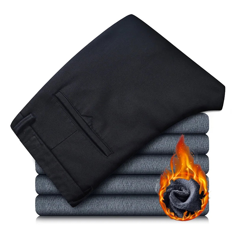 Winter Casual Men Classic Style Business Warm Plush Trousers Regular Thick Fur Pants Male Fleece Elastic Straight Formal Pants.
