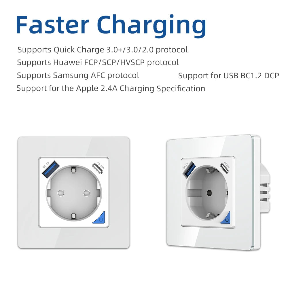 Alice Zigbee Tuya Smart EU-Wandsteckdose mit PD 20 W Typ C und einem Dual-USB-Schnellladegerät mit Power-Überwachungs-Glasplattenpanel.