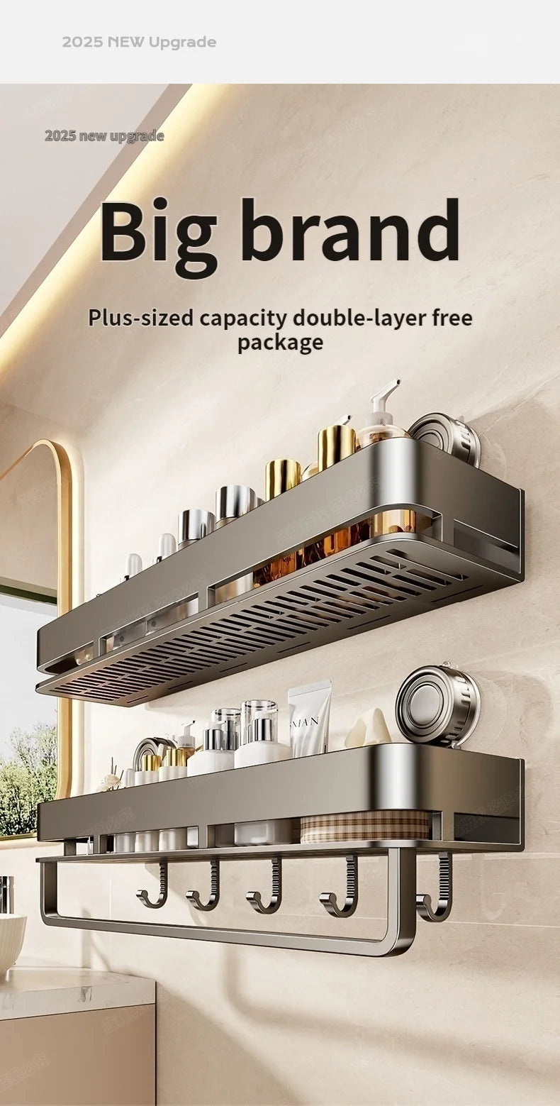 Kein Bohren, Saugnapf, selbstklebendes Badezimmerregal, Badezimmerregal, Toilette, Aluminium-Hängeregal, Badezimmer-Organizer, zum Aufhängen an der Wand