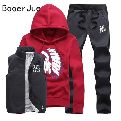 3 Pieces Set Hoodies+Vest+Pants Casual Men's Track Suit Clothing Coats Winter Thick Warm Tracksuit for Men Printed Mens Set Vest