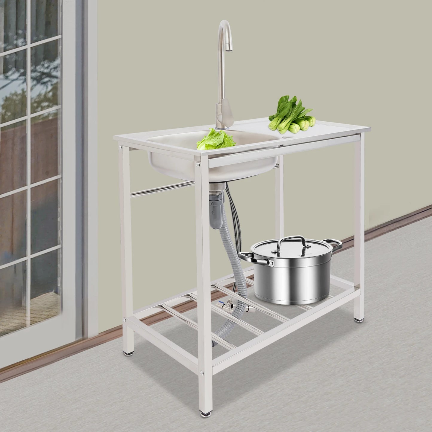 Freistehendes Waschbecken aus Edelstahl mit 360° °   Wasserhahn-Spüle mit Ablagefach, Handwaschstation für die Restaurantküche