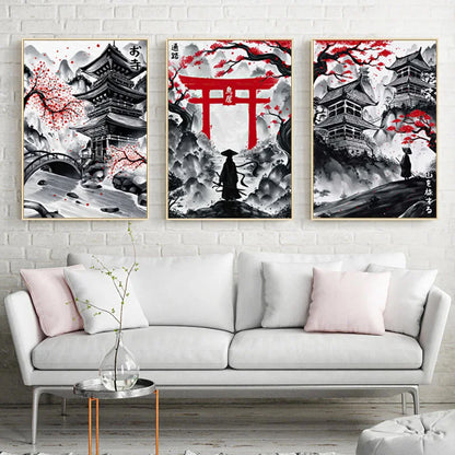 3pcs Frameless Japanese Natural Landscape Canvas Painting Black And Red Posters Vintage Ink Art Wall Prints For Living Room Home.