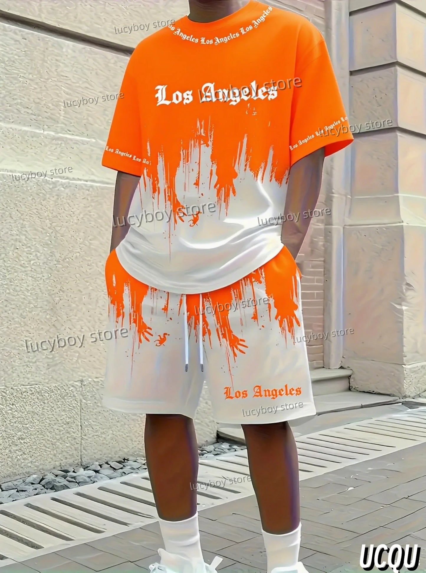 Summer Los Angeles Letter 3D Graffiti Pattern Men's Suit 2 Pieces Set Casual Suit Sports Set Men's Tracksuit Oversized Clothes.