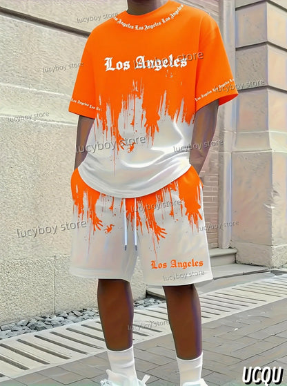 Summer Los Angeles Letter 3D Graffiti Pattern Men's Suit 2 Pieces Set Casual Suit Sports Set Men's Tracksuit Oversized Clothes.