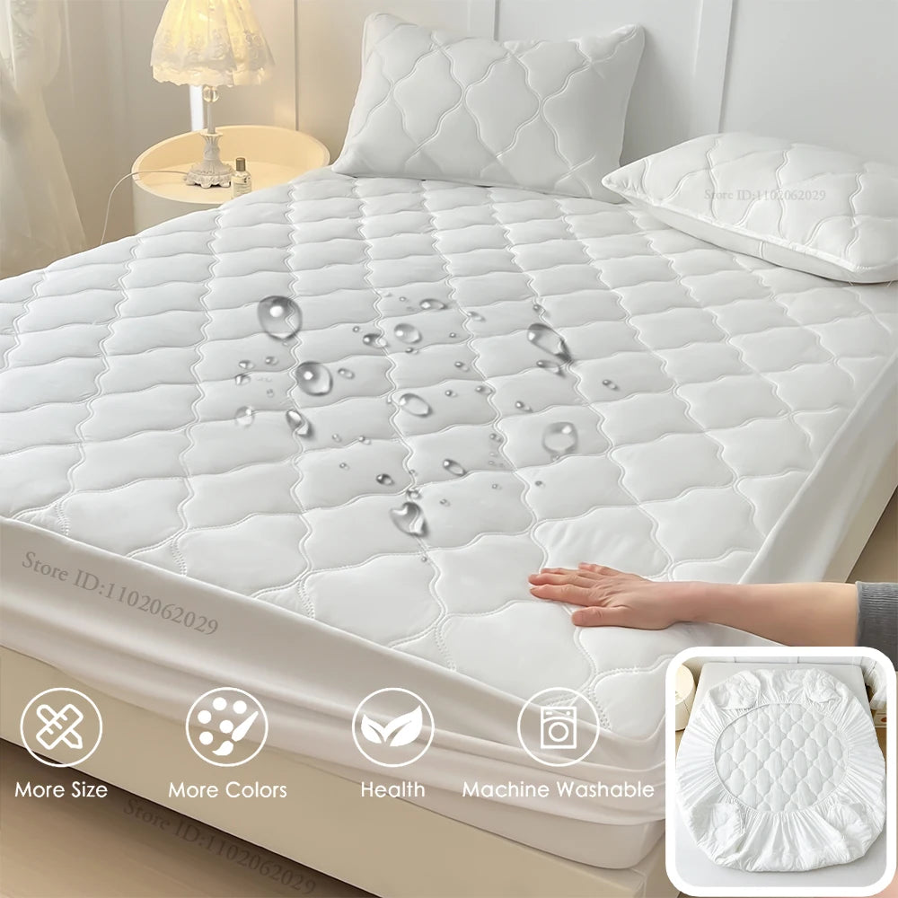 Throw Mattress Cover Bed Fitted Sheet Waterproof Mattress Bedspread Protector Pads Single/Double/King/Queen Full Size Gray/White.