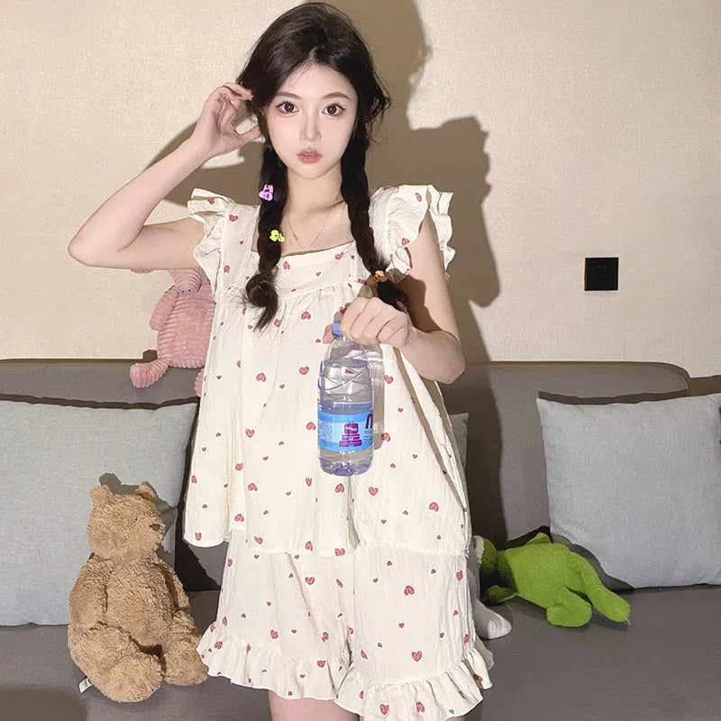 Sommer-Pyjama-Loungewear-Set für Damen, Sommer-Pyjama-Set mit Hosenträgern, Studentenweste, Shorts, Schaumstoff, Insy-Stil, zweiteiliges Loungewear-Set.