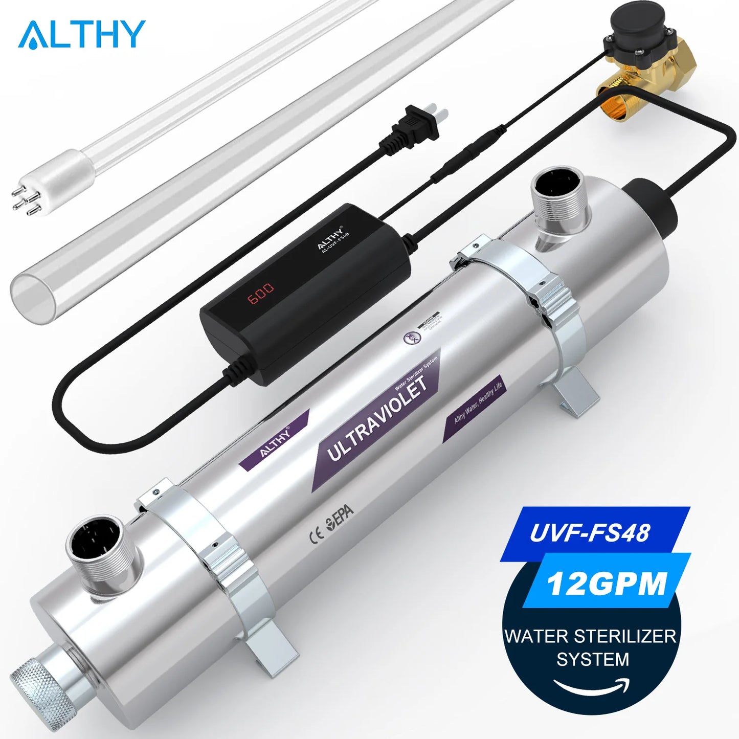 ALTHY Whole House UV Ultraviolet Water Sterilizer System Filter Purifier + Smart Flow Control Switch Stainless Steel 12GPM.