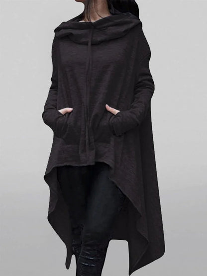 Damen-Kapuzenpullover in Übergröße mit Taschen, asymmetrischem Saum, klassisches Retro-Schwarz-Pullover-Sweatshirt, Frühling/Herbst, dunkelschwarzer Kapuzenpullover.