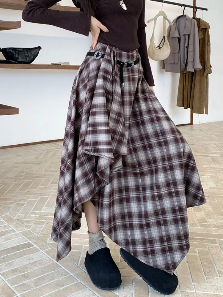 Qiukichonson Long Skirts Women Woolen Skirt 2025 Goth Autumn Winter High Waist Ruffles Asymmetrical Plaid Skirt Maxi With Belt.