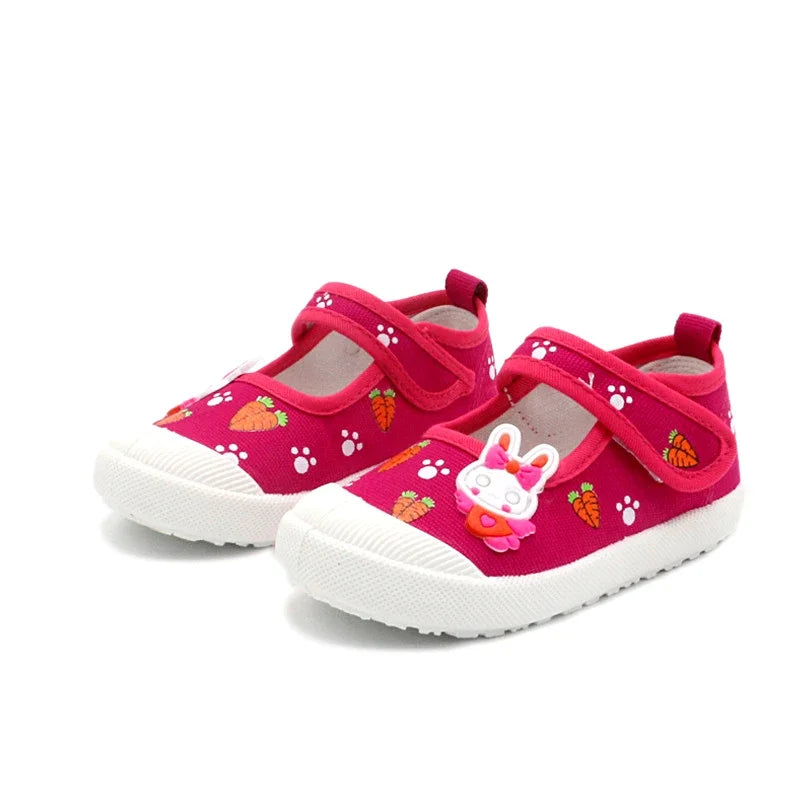 JGSHOWKITO Girls Canvas Shoes Soft Sports Shoes Kids Running Sneakers Candy  With Cartoon Rabbit Carrots Prints Children.